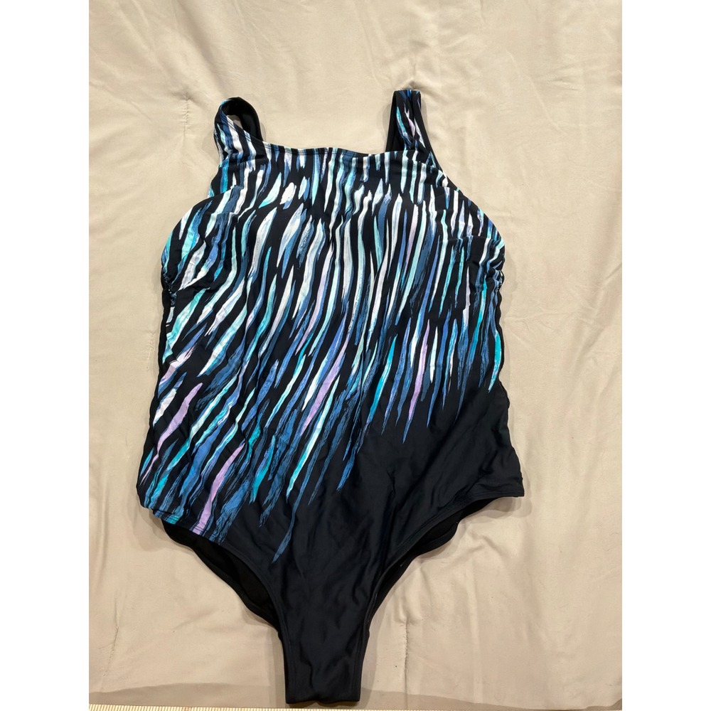 Abstract Brushstroke One Piece Swimsuit Black Blue Teal Purple Athletic Swimwear